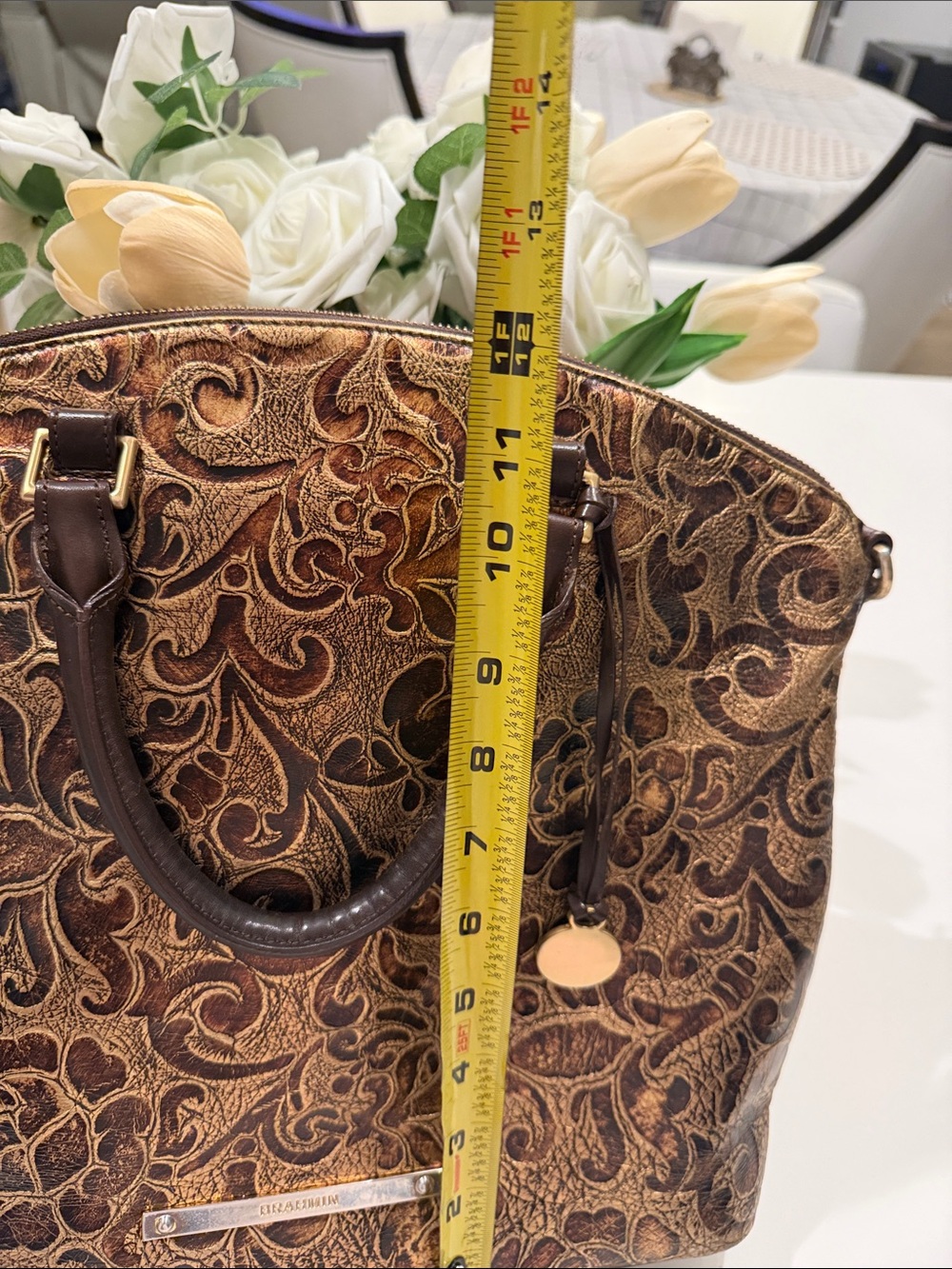 Brahmin Large Duxbury Metallic Floral Embossed Satchel in Brown and Gold - Picture 8 of 17